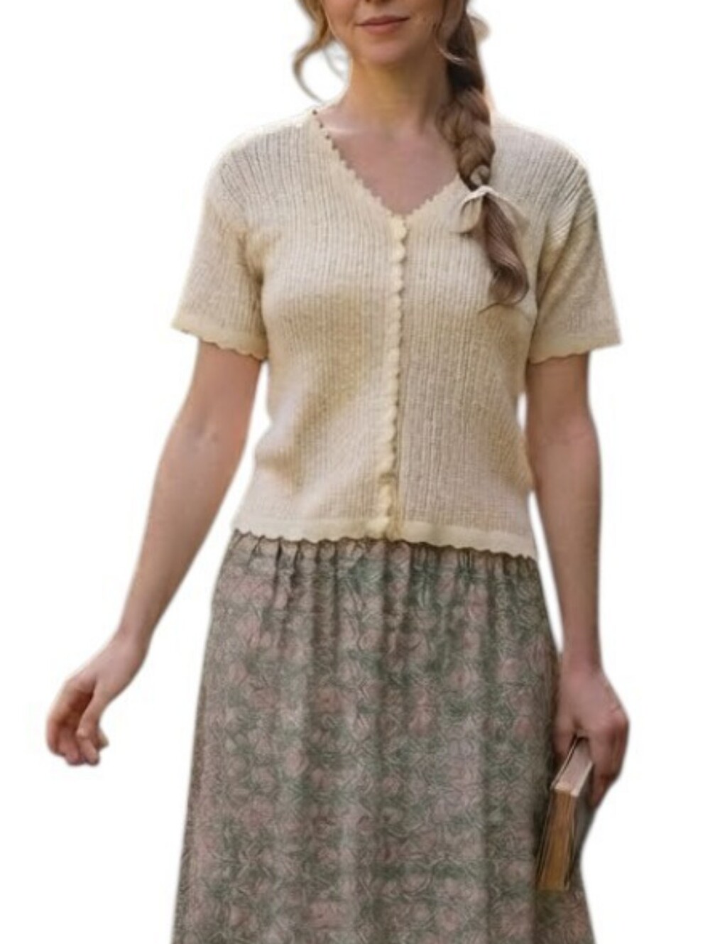 Vintage 90s Unbranded Textured Knit Button-Up Short Sleeve Cardigan Cream Medium